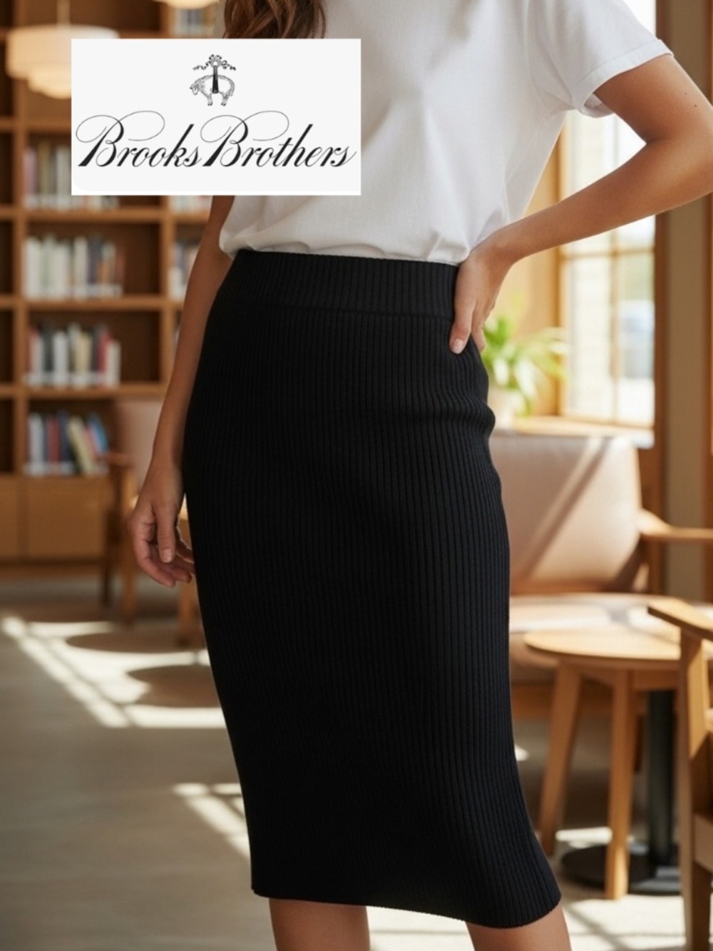 NEW Brooks Brothers Black knit pencil skirt, L, GP1595